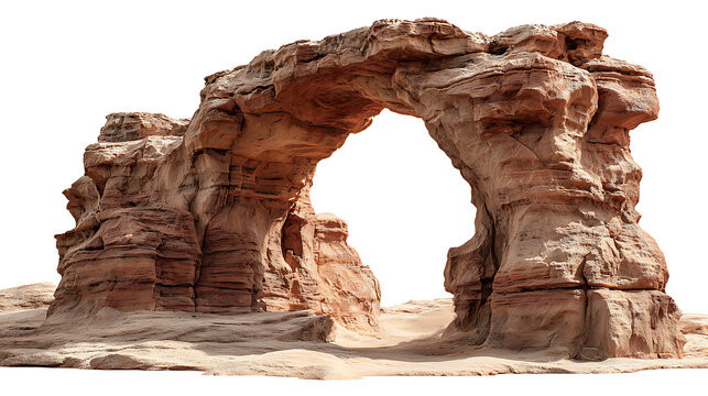 Arched red rock natural bridge in desert, isolated on a white background