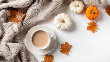 Cozy autumnal scene with warm drink and pumpkins