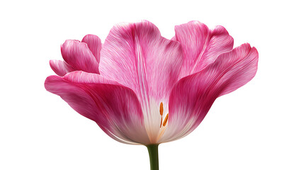 Bright pink tulip flower blooming, isolated on a white background