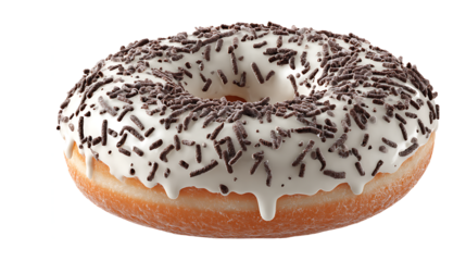 Donut with white icing and chocolate sprinkles, isolated on a white background