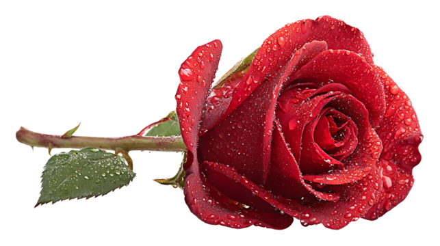 Vibrant red rose blooming with dew drops, isolated on a white background
