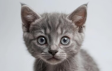 Realistic studio photo of a curious grey kitten looking at the camera, sharp focus on eyes with detailed fur and whiskers