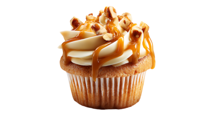 Cupcake with caramel drizzle and nuts, isolated on a white background