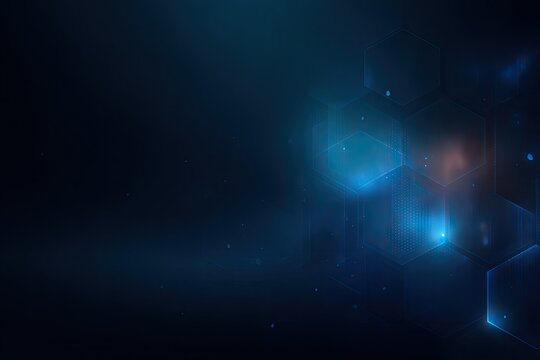 Abstract digital hexagon pattern. Dark blue background with glowing, translucent hexagons. Soft light effects