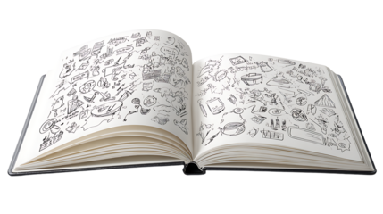 Open notebook with doodles and sketches isolated on a white background