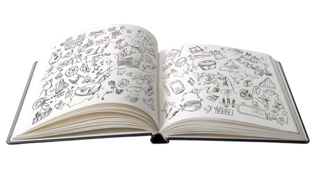 Open notebook with doodles and sketches isolated on a white background - Powered by Adobe