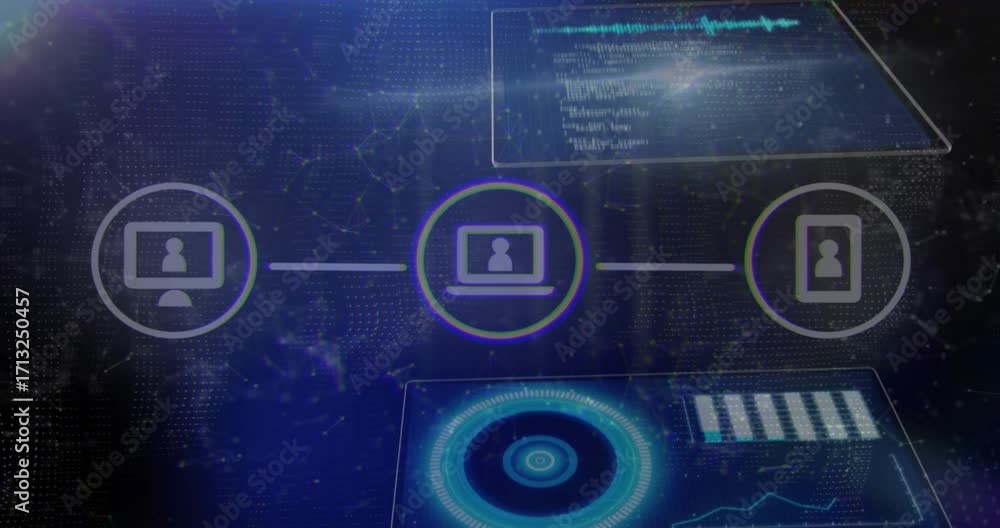 Poster desktop node launching glowing line linking laptop to mobile node with panels visualizing network