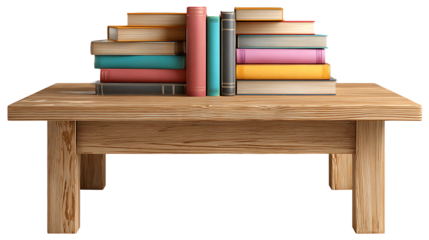 Wooden desk with stacked books isolated on a white background