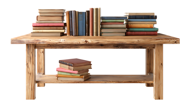 Wooden desk with stacked books isolated on a white background