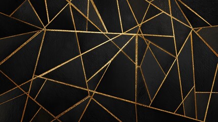 Abstract Black textured background with geometric golden lines creating a polygon pattern