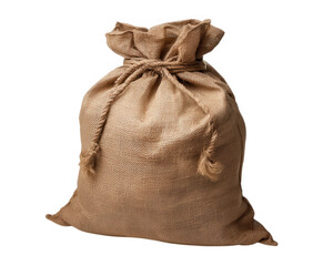 Burlap sack sandbag brown fabric tied rope isolated transparency background rustic storage agriculture packaging sturdy material practical use neutral color simple design utilitarian full closed