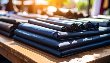 Rolled fabric on wooden table outdoors