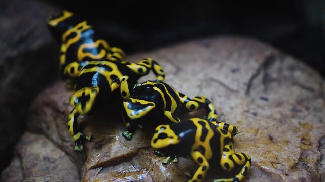 Close up view of black and yellow poison dart frogs sitting together on a rock interacting