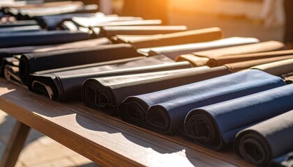 Rolled fabric swatches of various colors on a wooden table outdoors