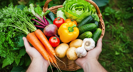 Freshly harvested organic vegetables in farmer's hands, colorful produce for healthy vibrant eating