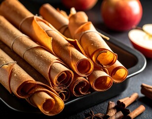 Rolled fruit leather on a dark pan, surrounded by apples and spices