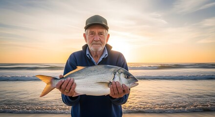 An elderly fisherman proudly holds up his large fish catch on a sandy beach with the ocean and a golden sunset in the background.