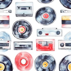 Fototapeta premium Seamless Watercolor Pattern with Retro Vinyl Records and Cassette Tapes on a White Background for Music Themed Designs and Nostalgic Art