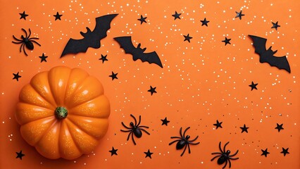 Halloween pumpkin bats spiders and stars on orange background with glitter jack o lantern