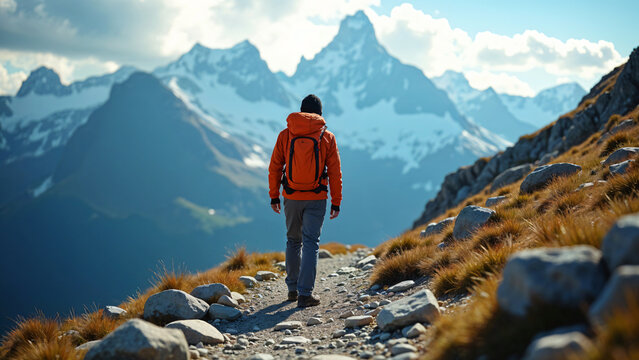 Young man traveler walking in the mountains during foggy sunrise