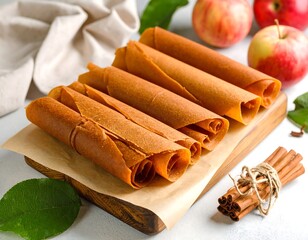 Rolled fruit leather on parchment paper, with apples and cinnamon sticks