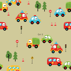 Fototapeta premium Funny Cartoon Trucks with Road Signs Seamless Kids Pattern 