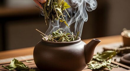 A hand adding loose leaf tea to a traditional teapot, steam rising.