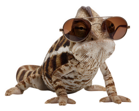 Cool chameleon wearing sunglasses photorealistic animal humor brown striped reptile isolated on white funny expression unique pet creative concept relaxed mood