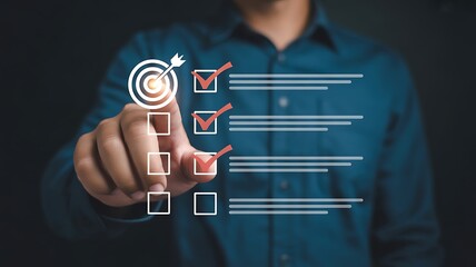 Man's finger touching a completed checklist with a target and dart symbolizing goal achievement to-do list