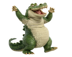 Playful cartoon crocodile with green scales and cream belly stands upright, arms raised, mouth open in joyful expression, conveying excitement and fun energy