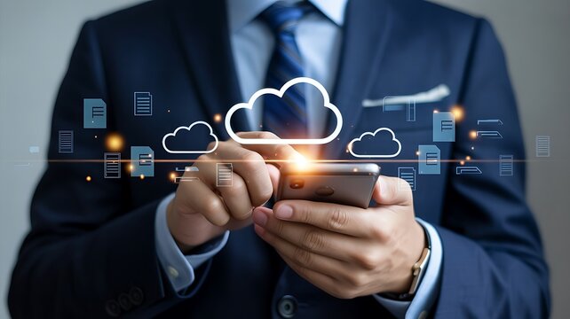 Man in suit using smartphone with cloud computing and data transfer icons mobile