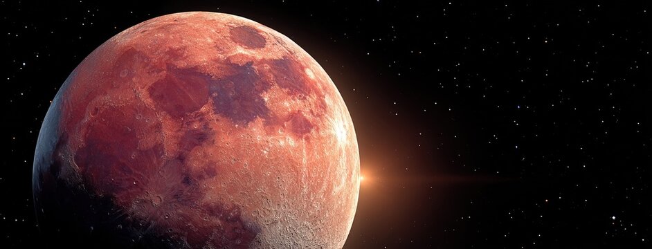 Vivid red-toned close-up of the moon surface with detailed craters and glowing sun flare in deep space. Stunning cosmic scene showing lunar geology and interstellar perspective.