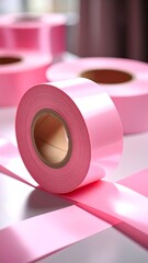 Rolled pink ribbon on a table