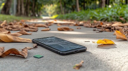 Close-up of a broken and damaged smartphone or phone lying on the asphalt with cracks and scratches on the screen after falling from a height outside. The device needs a screen replacement.