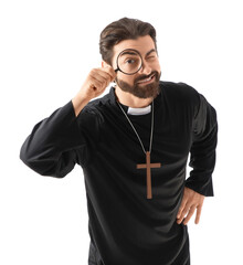 Handsome priest with magnifier on white background