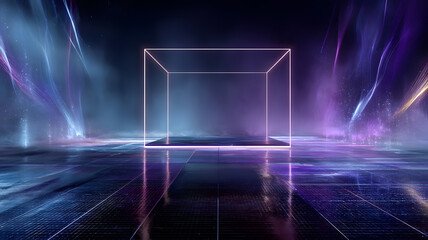 Abstract Neon Cube with Colorful Light Effects in Dark Environment