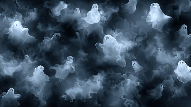 Seamless pattern of ghost silhouettes floating on a dark misty background