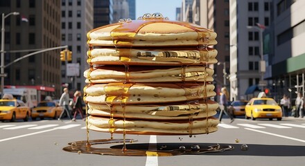 Pancake Stack Metropolis: A towering stack of golden pancakes, drizzling with rich maple syrup, levitates above a bustling city street.
