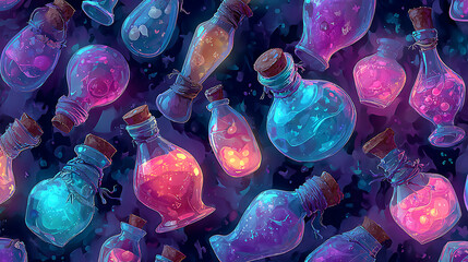 Seamless pattern of magical potion bottles glowing on a dark gradient background