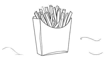 A simple, black and white line art drawing of french fries in a paper container.
