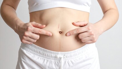 Naklejka premium Close-up view of a person's abdomen with hands indicating a surgical scar.