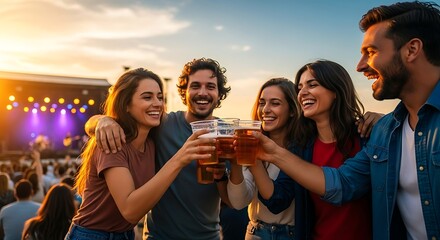 Cheers to the Concert: Friends joyfully clink their glasses of beverage at an outdoor concert, enjoying music and friendship under the warm embrace of the setting sun. 