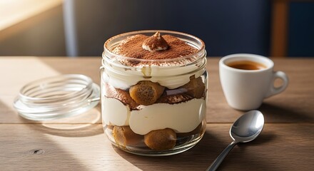 Tiramisu Delight with Espresso: A close-up of a delectable tiramisu dessert layered in a jar, alongside a small cup of rich espresso on a rustic wooden table. Evoking warmth and delight.