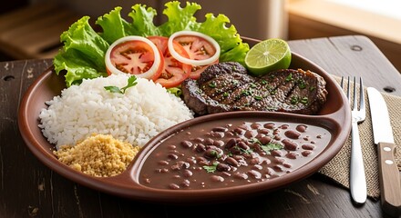 Brazilian Culinary Delight: A vibrant depiction of a hearty Brazilian meal. Featuring a variety of delicious elements, including rice, beans, steak, and fresh garnishes.
