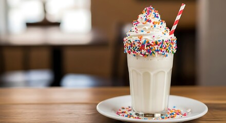 Creamy Delight: A decadent milkshake, artfully adorned with a swirl of whipped cream and rainbow sprinkles, rests enticingly on a pristine plate.