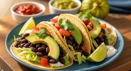 Flavorful Tacos: a vibrant plate featuring three mouthwatering tacos brimming with fresh ingredients, accompanied by a colorful array of sauces and garnishes, promising a delicious meal.