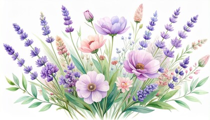 Watercolor wildflowers elements in pastel lavender, blush, and mint green, hand-drawn style, botanical element graphic for invitations and design