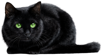 Black cat with green eyes sitting, isolated on a white background