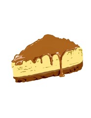 A close-up of a creamy cheesecake slice topped with rich, melted caramel sauce. Perfect for dessert menus, bakery ads, or food blogs.