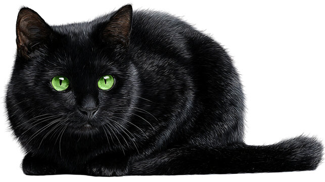 Black cat with green eyes sitting, isolated on a white background